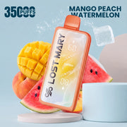 Lost Mary MT35000 Turbo disposable vape in orange, Mango Peach Watermelon flavor, with ice.