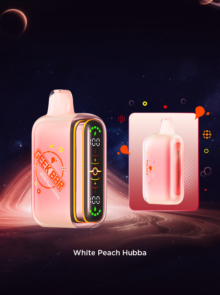 Geek Bar Pulse 2 vape device, red-pink body with rainbow side stripe and LED screen