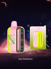 Geek Bar Pulse 2 vape device, lime green body with rainbow side stripe and LED screen