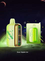 Geek Bar Pulse 2 vape device, fresh lime green body with rainbow side stripe and LED screen