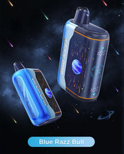 Blue disposable vape pod with dark mouthpiece, plus matching second pod in view