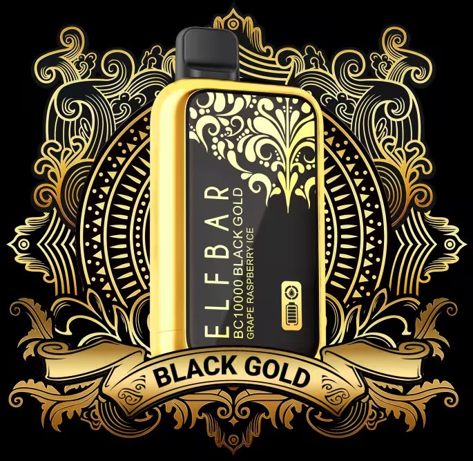 Disposable vape device with black mouthpiece and gold body, Black Gold Grape Raspberry Ice label