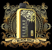 Disposable vape device with black mouthpiece and gold body, Black Gold Grape Raspberry Ice label