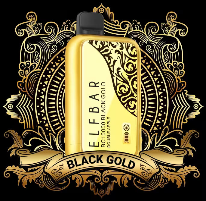 Disposable vape device with black mouthpiece and gold body, Black Gold Grape Raspberry Ice label