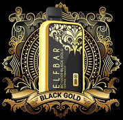 Disposable vape device with black mouthpiece and gold body, Black Gold Coffee Tobacco label