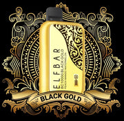Disposable vape device with black mouthpiece and gold body, Black Gold Peach Mango Watermelon label