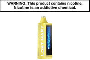 Yellow disposable vape device with top mouthpiece and side display window